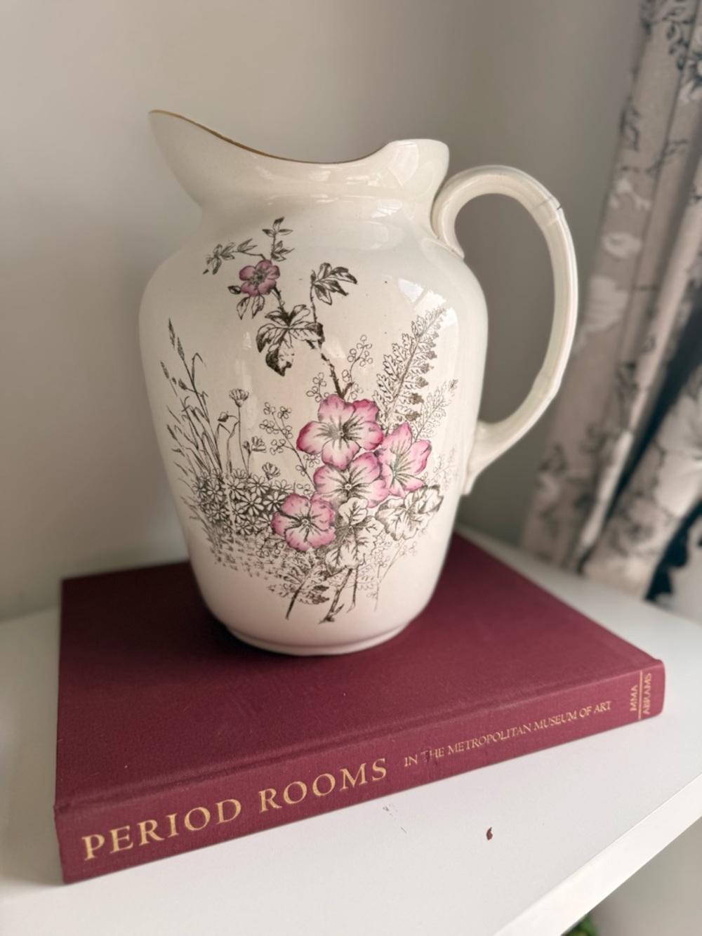 Antique Cream Ironstone Pitcher with Pink Floral Design